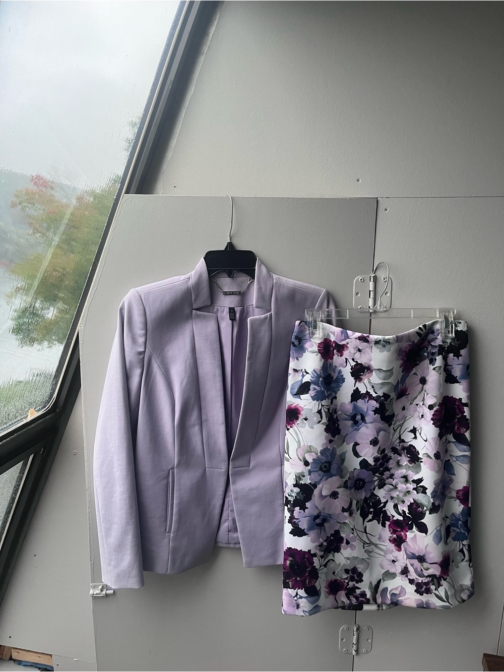 White House Black Market Lavender Blazer with Floral Pencil Skirt